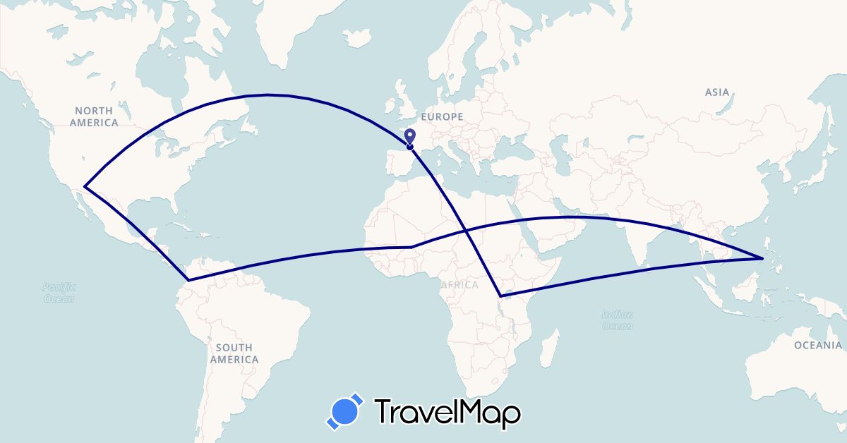 TravelMap itinerary: driving in Burkina Faso, Colombia, France, Philippines, Rwanda, United States (Africa, Asia, Europe, North America, South America)